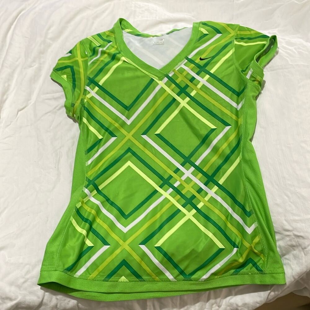 Nike M medium lime green bold plaid v neck performance t shirt euc